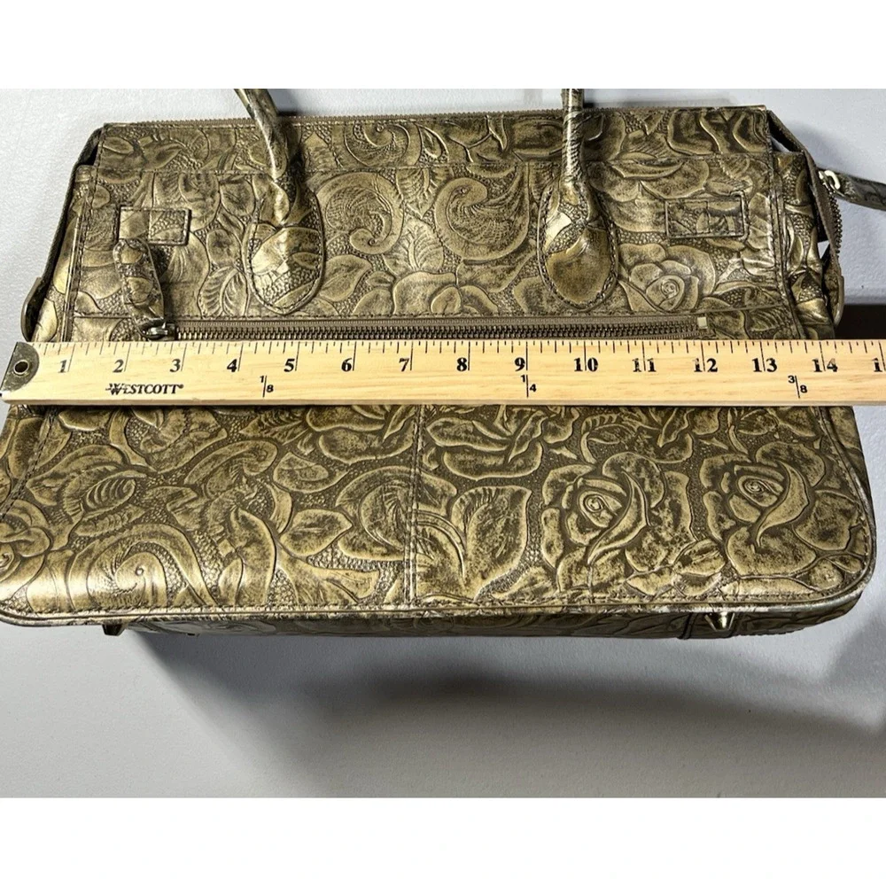 Maxx New York Floral Embossed Patent Leather Satchel Gold Zip Top Shoulder Bag